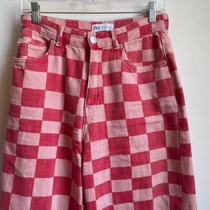 Zara pink & red checkered jeans
